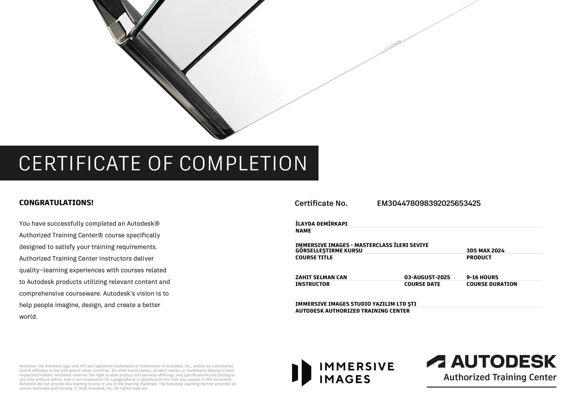 Autodesk Authorized Training Center Certificate